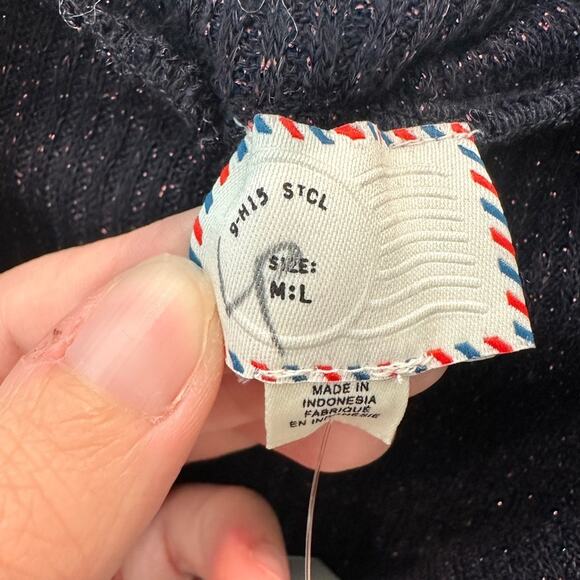 ANTHROPOLOGIE | Navy Metallic Ruffle Hem Cowl Neck Sweater NWT | Size M/L - Picture 6 of 9